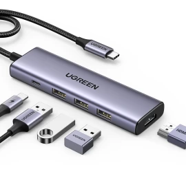 5in1 Daugiafunkcinis Hub Usb-c Adapteris 3x Usb-a Hdmi 4k Pd 100w Pilkas