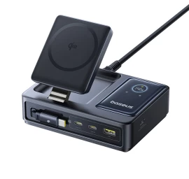5in1 Usb-a Uab-c įkrovimo Stotelė Su Ekranu, Ištraukiamu Kabeliu 140w Qi2 - Juoda