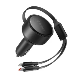 60 W Usb-c Automobilinis įkroviklis Su Susivyniojančiais Usb-c Ir „iphone Lightning“ Laidais – Juodas