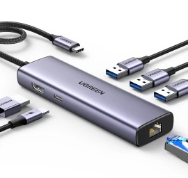 6in1 Hub Adapteris Usb-c - 3x Usb-a 3.0 / Hdmi / Rj45 / Usb-c Pd - Pilkas