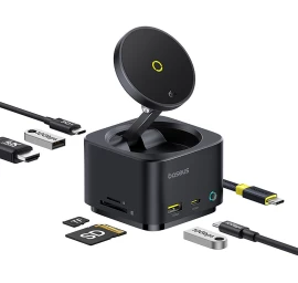 7in1 Hub'as Su Belaidžiu įkrovikliu Hdmi Usb-a Usb-c Sd Tf Magsafe 15w - Juodas