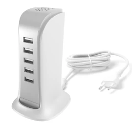 A5eu įkroviklis Penkiems įrenginiams 5x Usb Su Integruotu Maitinimo Kabeliu, Baltos Spalvos