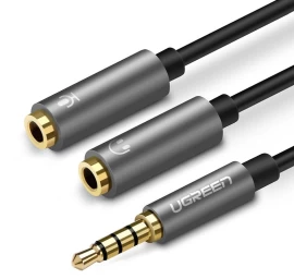 Ausinių Skirstytuvas 3,5 Mm Mini Lizdas Aux + Stereofoninis Mikrofonas 20 Cm Sidabrinis