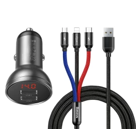 Automobilinis įkroviklis 2x Usb 4.8a 24w Su Lcd Ekranu + 3in1 Kabelis 1.2m Juodas