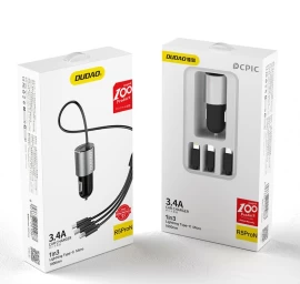Automobilinis Usb įkroviklis 3-in-1 + įmontuotas lightning Usb-c Mikro Usb Kabelis, Juodas