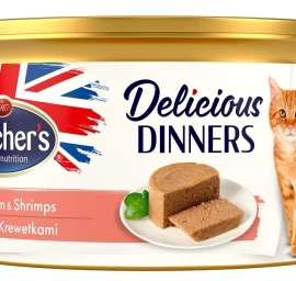 BUTCHER'S Delicious Dinners šlapias kačių maistas, lašiša ir krevetės, 85 g