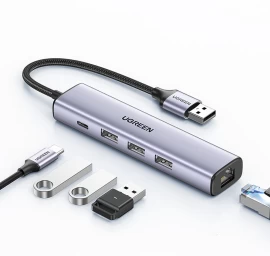 Daugiafunkcinis Hub Adapterio Daliklis Usb 3.0 - 3x Usb Ethernet Rj-45 Usb-c Pd Pilkas