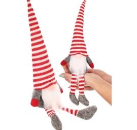 Dekoratyvinis Sėdintis Nykštukas 30+10 Cm Su Kepure Ir Dryžuotomis Kojomis