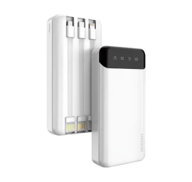 Didelės Talpos 20000 Mah Maitinimo Blokas Su 3 Integruotais Usb-c Microusb Lightning Kabeliais, Baltas