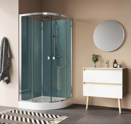 Dušo boksas Ronal MODUL 1200 90X90cm su padėklu, stumdomom durim ir dušo sistema 29094RS