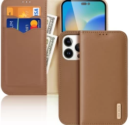 Dux Ducis Hivo Odinis Flip Dangtelis Iphone 14 Pro Rudos Spalvos Natūralios Odos Piniginė Kortelėms Ir Dokumentams