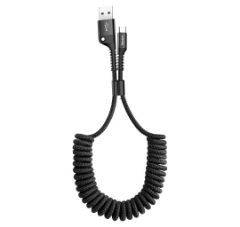 fish Eye Usb-a - Usb-c 2a 1 M Ilgio Spiralinis Kabelis - Juodas