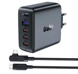 Gan Greitasis įkroviklis 3x Usb-c 1x Usb-a + Usb-c Kampinis Kabelis 100w 2 M Juodas