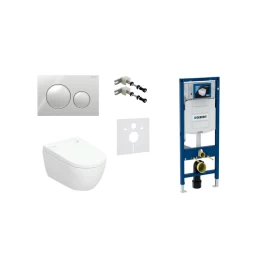 Geberit AquaClean Alba Comfort komplektas su Duofix Sigma 12 cm. WC instaliacine sistema, Sigma 20 Roud mygtuku, chromuotas