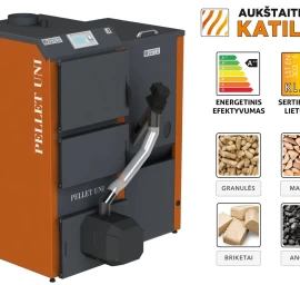 Granulinis katilas PELLET UNI 26 kW su rotac. 26 kW degikliu, sraigtu, 350 l met. bunkeriu