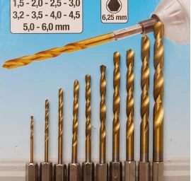 Grąžtų rinkinys su Hex 6.3 mm (1/4) galu | titano nitridas | 1.5 - 6 mm | 10 vnt. (50801)