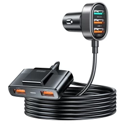 Greitasis Automobilinis įkroviklis 5x Usb-a Su 45 W Ilginamuoju Kabeliu, Juodas