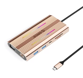 „hub 12-in-1“ Doko Stotis: Usb-c – Usb-a, Usb-c, Hdmi, Vga, Rj45, Sd, Pd 100 W, 4k, 1000 Mbps, Rgb – Rožinė Auksinė