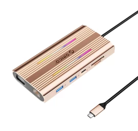 „hub 12-in-1“ Jungties Stotelė: Usb-c – Usb-a, Usb-c, Hdmi, Vga, Rj45, Sd, Microsd, Pd 100 W, 4k, Rgb – Rožinė Auksinė