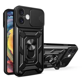 hybrid Armor Camshield Dėklas iphone 16 Plus Su Fotoaparato Dangteliu Ir Stovu - Juodas