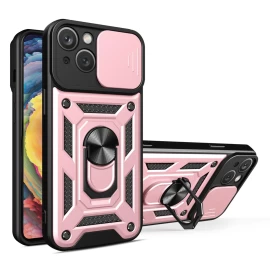Hybrid Armor Camshield Iphone 15 Plus Dėklas Su Stovu Ir Fotoaparato Dangteliu - Rožinis