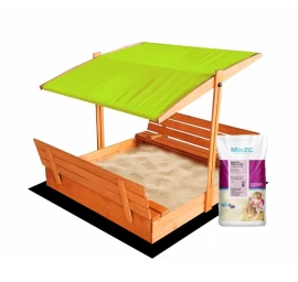 Impregnuota medinė smėlio dėžė su žalios spalvos stogeliu ir 250 kg smėlio, 120x120 cm