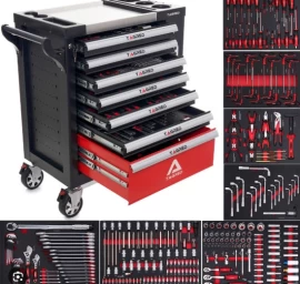 Įrankių spintelė ant ratukų | metalinis starviršis | su įrankiais | 7 stalčiai / 1 durelės | 322 įrankiai (H7002)