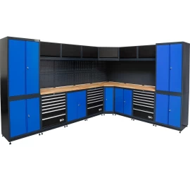 Kampinis sisteminis dirbtuvės baldų komplektas BGS Technic Workshop 80160 | medinis stalviršis | 8 komponentai | LED apšvietimas