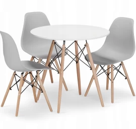 Komplektas Apvalus Stalas Todi 80 Cm Baltos Spalvos + 3 Kėdės Osaka Pilkos Spalvos