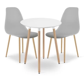 Komplektas Kami Apvalus 60 Cm Stalas - Baltas / Natūralios Kojos + 2 Kėdės Wat Pilka / Natūralios Kojos