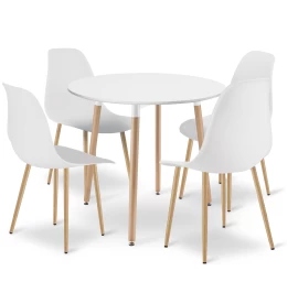 Komplektas Kami Apvalus 80 Cm Stalas - Baltas / Natūralios Kojos + 4 Kėdės Wat Baltos / Natūralios Kojos