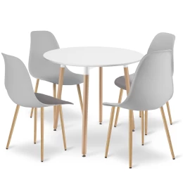 Komplektas Kami Apvalus 80 Cm Stalas - Baltas / Natūralios Kojos + 4 Kėdės Wat Pilka / Natūralios Kojos