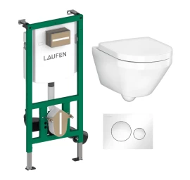 Komplektas: Laufen INEOLINK potinkinis rėmas su baltu INEO MOON mygtuku ir Gustavsberg pakabinamas klozetas su soft close dangčiu