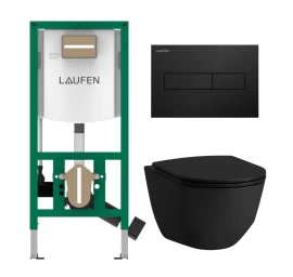 Komplektas: Laufen INEOLINK potinkinis rėmas su juodu matiniu INEO HORIZON mygtuku ir Laufen Pro Rimless pakabinamas klozetas su soft close dangčiu