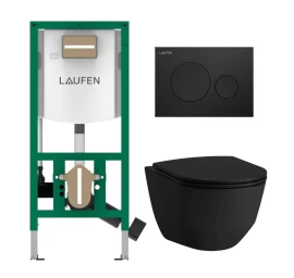 Komplektas: Laufen INEOLINK potinkinis rėmas su juodu matiniu INEO MOON mygtuku ir Laufen Pro Rimless pakabinamas klozetas su soft close dangčiu