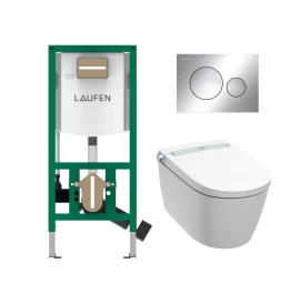 Komplektas: rėmas Laufen INEOLINK su chromine plokštele ir unitazas JIKA Clean MILA rimless su bidė funkcija