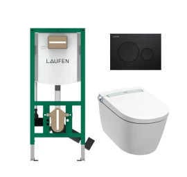 Komplektas: rėmas Laufen INEOLINK su juoda matine plokštele ir unitazas JIKA Clean MILA rimless su bidė funkcija