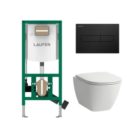 Komplektas: rėmas Laufen INEOLINK su juoda matine plokštele ir unitazas Laufen Lua Rimless
