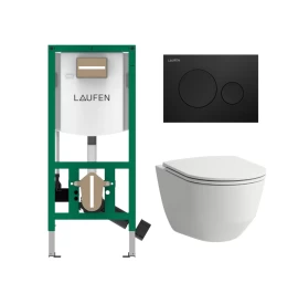 Komplektas: rėmas Laufen INEOLINK su juoda matine plokštele ir unitazas Laufen Pro New Rimless