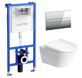 Komplektas: rėmas Laufen Lis su chromo plokštele ir unitazas Duravit D-Neo Rimless su Soft Close dangčiu Komplektas: rėmas Laufen Lis su chromo plokštele ir unitazas Duravit D-Neo Rimless su Soft Close dangčiu