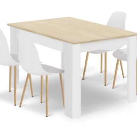 Komplektas Stalas Np 120x80 Sonoma ąžuolas + Baltas + 4 Kėdės Wat Baltos / Natūralios Kojos