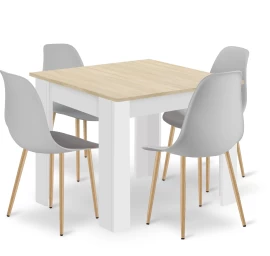 Komplektas Stalas Np 80x80 Sonoma ąžuolas + Balta + 4 Kėdės Wat Pilka / Natūralios Kojos