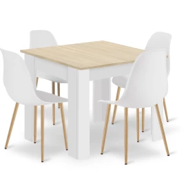 Komplektas Stalas Np 80x80 Sonoma ąžuolas + Baltas + 4 Kėdės Wat Baltos / Natūralios Kojos