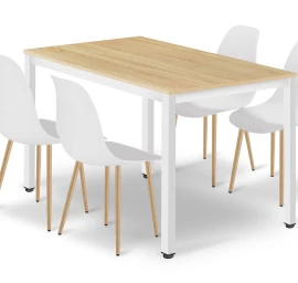Komplektas Tessa Stalas 120 Cm X 60 Cm - ąžuolinis / Baltos Kojos + 4 Kėdės Wat Baltos / Natūralios Kojos