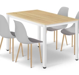 Komplektas Tessa Stalas 120 Cm X 60 Cm - ąžuolinis / Baltos Kojos + 4 Kėdės Wat Pilka / Natūralios Kojos