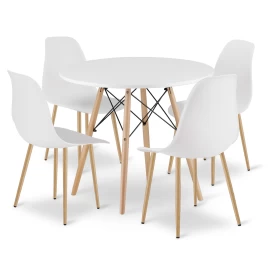 Komplektas Todi 80 Cm Apvalus Stalas - Baltas + 4 Kėdės Wat Baltos / Natūralios Kojos