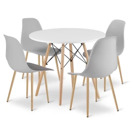 Komplektas Todi 80 Cm Apvalus Stalas - Baltas + 4 Kėdės Wat Pilka / Natūralios Kojos