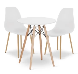 Komplektas Todi Apvalus 60 Cm Stalas - Baltas + 2 Kėdės Wat Baltos / Natūralios Kojos