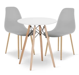 Komplektas Todi Apvalus 60 Cm Stalas - Baltas + 2 Kėdės Wat Pilka / Natūralios Kojos