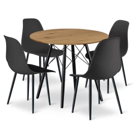 Komplektas Todi Apvalus Stalas 80 Cm - ąžuolas + 4 Kėdės Wat Juoda / Kojos Juodos
